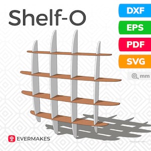 May include: A three-tiered shelf design with a modern aesthetic. The shelf features brown horizontal planks supported by white vertical dividers. The word "Shelf-O" is displayed at the top. The image also includes file type icons: DXF, EPS, PDF, and SVG.