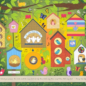 Op de afbeelding: Een kleurrijke illustratie van vogelhuisjes die aan boomtakken hangen, met vogels, vlinders en muzieknoten. De vogelhuisjes hebben verschillende vormen en kleuren, met de tekst "Home Tweet Home" op één. De zin "For Sale - Cheep!" is ook zichtbaar.