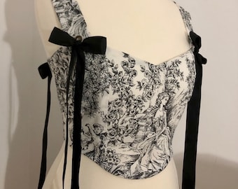 Haut corset fleuri noir historique - haut corset en toile de Jouy - haut court - vêtements de fée - style vintage - cottagecore - fairycore