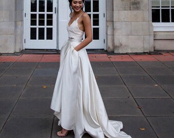 Jupe de mariée avec poche, robe de mariée se sépare, jupe de mariage avec train, tenue de fiançailles, robe de mariée simple, bureau d'enregistrement