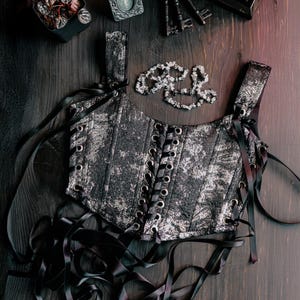Gothic korset - metallic korsettop, jacquard korsetvest, donker Academia-korset, zwartzilveren lijfje, steampunk-mode - Victoriaans korset