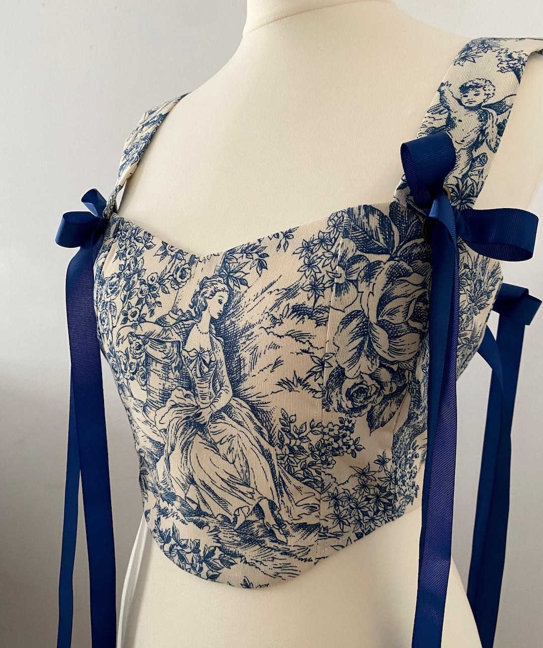 Blue Toile De Jouy Corset Top: Cottagecore Vintage Style