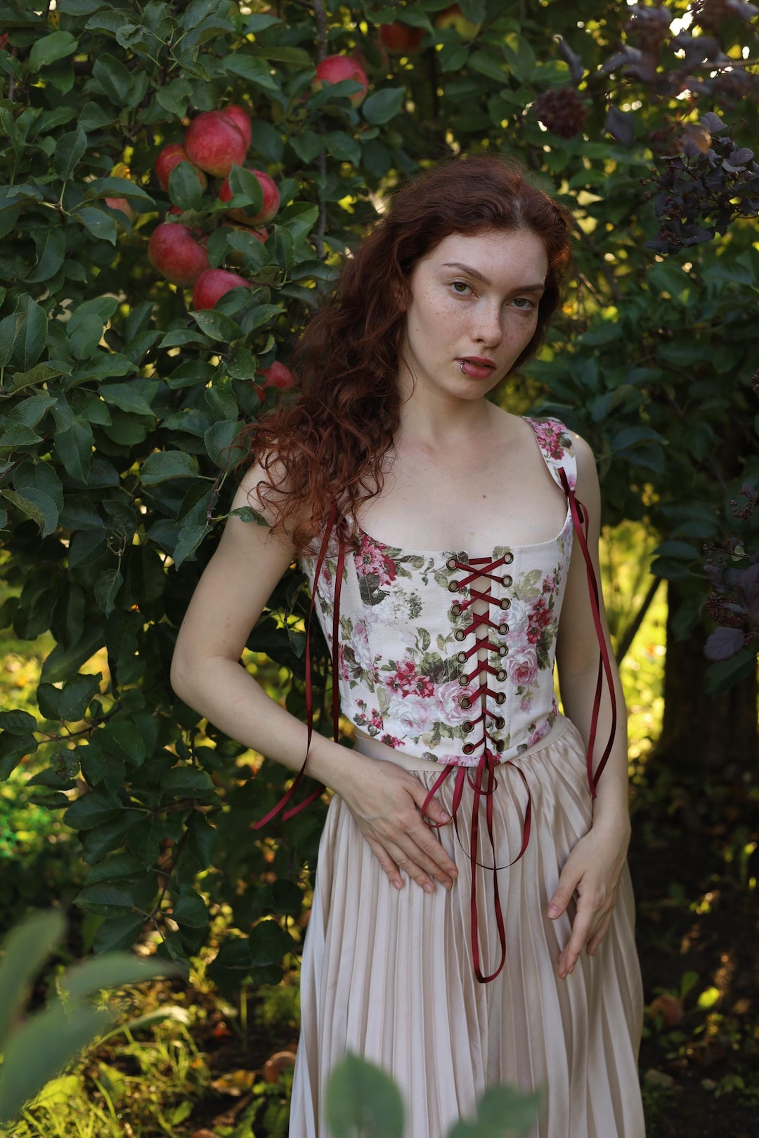 Romantic Floral Corset - Delicate Front Lace up Corset - Floral Bodice