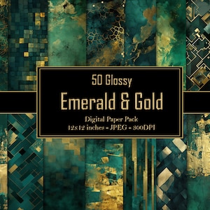 Emerald & Gold Digital Paper Pack - 45 luksusowych wzorów - 300 dpi, 12 x 12 cali (30,5 x 30,5 cm) - Scrapbooking, Rękodzieło, Tła do druku