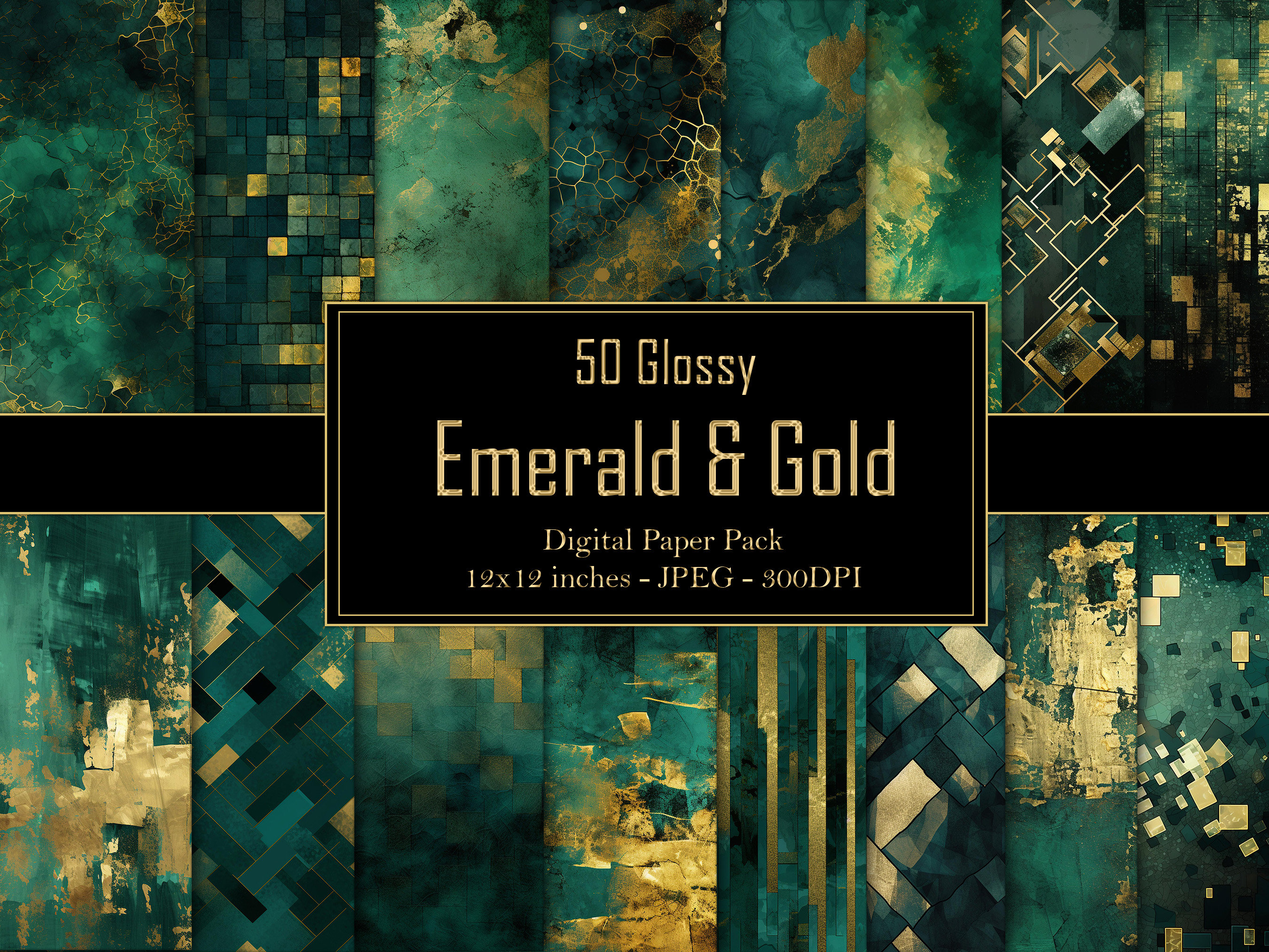 Emerald & Gold Digital Paper Pack - 45 Luxury Patterns - 300dpi, 12x12 inch (30.5x30.5 cm) - Scrapbooking, Craft, Printable Backgrounds