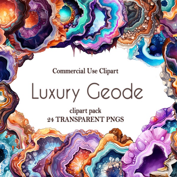 Luxury Geode Commercial Use Clipart - 24 transparent PNGs, 12x12 inch/30.5x30.5 cm, 300dpi, Crystal Geode Digital, Instant Download