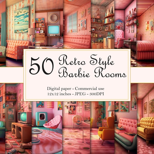 Retro Barbie Style Rooms  Digital Paper Pack - 50 Images, 12x12 inch/30.5x30.5 cm, 300dpi, Vintage Dollhouse Paper Backgrounds