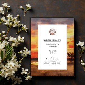 May include: A formal invitation card with a sunset background. The text reads: "You are invited to Celebration of our Anniversary 7.24.2025 6 PM At Empress Road 12 Castle A (Entry from Left Gate)"