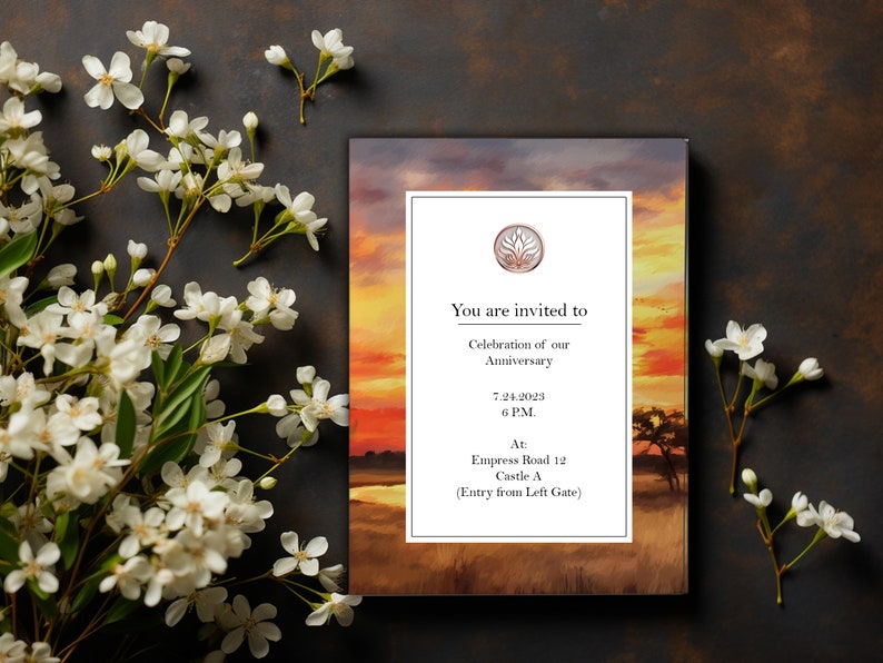 May include: A formal invitation card with a sunset background. The text reads: "You are invited to Celebration of our Anniversary 7.24.2025 6 PM At Empress Road 12 Castle A (Entry from Left Gate)"