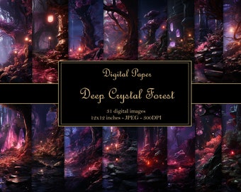 Deep Crystal Forest Digital Paper Pack, Magical Forest, Enchanted Woods Backgrounds, 12x12 Scrapbooking Paper, Dark Magic Forest Scene