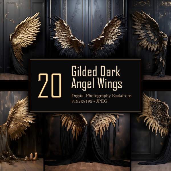 Gilded Dark Angel Wings Digital Photo Backdrop, Portrait Wing Backgrounds, Golden Wings Digital Paper, Commercial Use, 8K