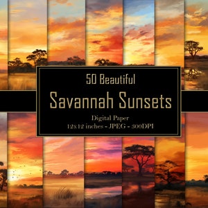 May include: 50 digital paper designs featuring vibrant sunset scenes over a savanna landscape. Each image is 12x12 inches and 300 DPI.