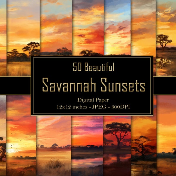 Savannah Sunsets Digital Paper Pack - 50 Images, 12x12 inch/30.5x30.5 cm, 300dpi, African Twilight Printable Art, Instant Download