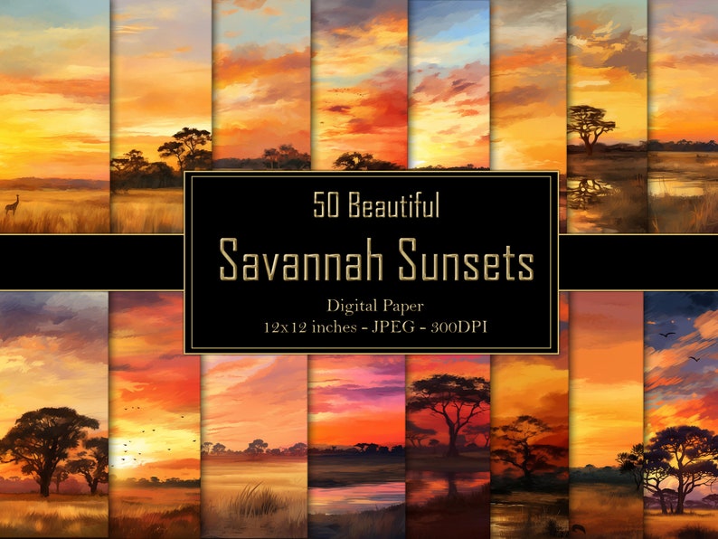 May include: 50 digital paper designs featuring vibrant sunset scenes over a savanna landscape. Each image is 12x12 inches and 300 DPI.