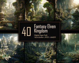 Fantasy Elven Kingdom Digital Paper Pack, Enchanted Elven Lands, Mystical Forest Realm Landscapes, Commercial Use, 300 DPI
