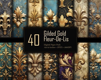 Gilded Fleur-de-Lis Digital Paper Pack, Golden Lys Patterns, Luxurious Heraldic Designs, Commercial Use, 300 DPI