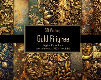 Vintage Gold Filigree Digital Paper Pack - 50 Images, 12x12 inch/30.5x30.5 cm, 300dpi, Antique Elegance Paper Backgrounds, Instant Download