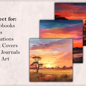 May include: Three digital paintings of African savanna sunsets with a variety of colors, including orange, red, pink, and purple. The sunsets are depicted over a grassy field with trees and a river in the distance.
