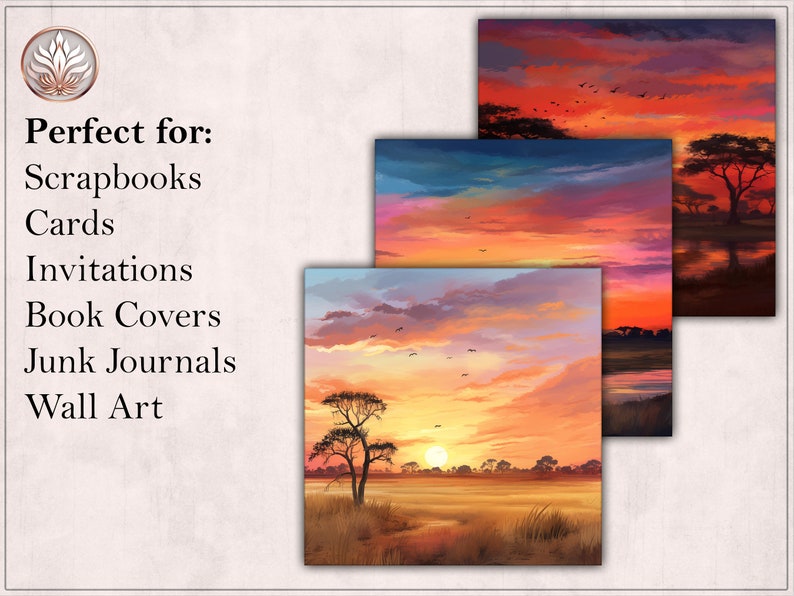 May include: Three digital paintings of African savanna sunsets with a variety of colors, including orange, red, pink, and purple. The sunsets are depicted over a grassy field with trees and a river in the distance.