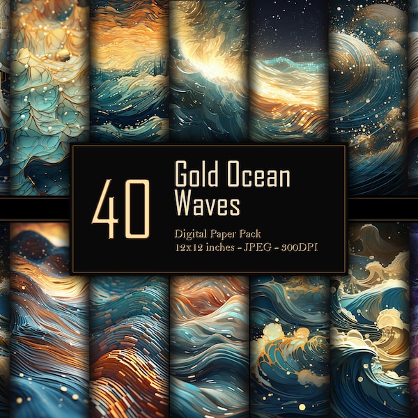 Golden Ocean Waves Digital Paper Pack, Gilded Tidal Patterns, Lustrous Sea Wave Designs, Commercial Use, 300 DPI