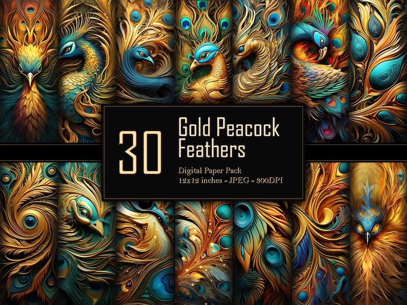 Golden Peacock Feathers Digital Paper Pack, Gilded Plume Patterns ...