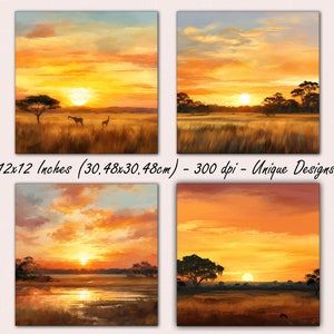 May include: Four digital paintings of African savanna sunsets. Each painting features a different scene with a golden sky, tall grass, and a setting sun. The first painting shows two giraffes walking in the grass. The second painting shows a wide view of the savanna. The third painting shows a lake reflecting the sunset. The fourth painting shows a lone tree in the foreground.