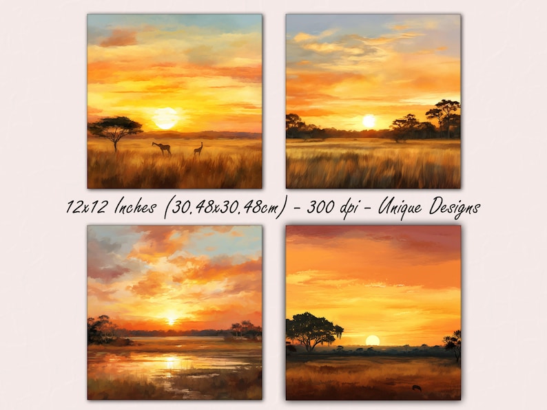 May include: Four digital paintings of African savanna sunsets. Each painting features a different scene with a golden sky, tall grass, and a setting sun. The first painting shows two giraffes walking in the grass. The second painting shows a wide view of the savanna. The third painting shows a lake reflecting the sunset. The fourth painting shows a lone tree in the foreground.