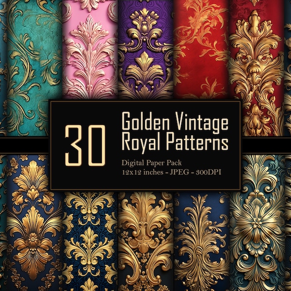 Golden Vintage Royal Patterns Digital Paper Pack, Luxurious Antique Designs, Regal Historical Patterns, Commercial Use, 300 DPI