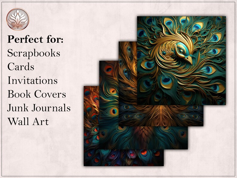 Golden Peacock Feathers Digital Paper Pack, Gilded Plume Patterns ...