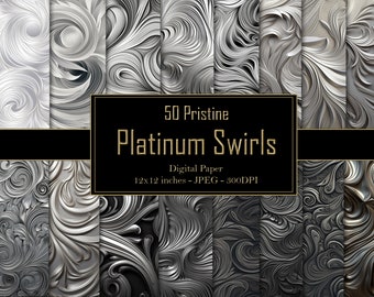 Pristine Platinum Swirls Digital Paper Pack - 50 Images, Luxury Metal Whirls, 300dpi, Metallic Spiral Printable Papers, Instant Download
