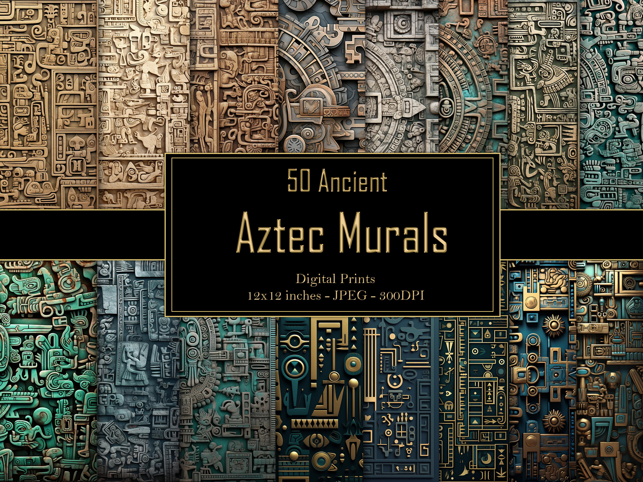 Pacchetto di carta digitale con murales aztechi antichi, sfondo artistico azteco, carta per album maya, design digitale azteco, uso commerciale