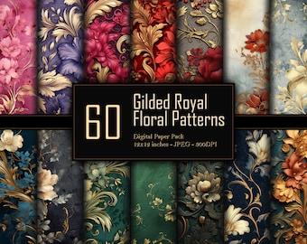 Gilded Royal Floral Patterns Digital Paper Pack, Luxurious Floral Designs, Regal Botanical Patterns, Commercial Use, 300 DPI