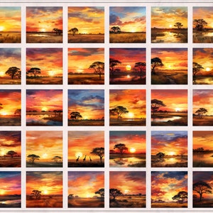 May include: A collection of 25 digital paintings depicting African savanna landscapes at sunset. Each painting features a variety of trees, grasses, and a setting sun with vibrant orange, red, and yellow hues.