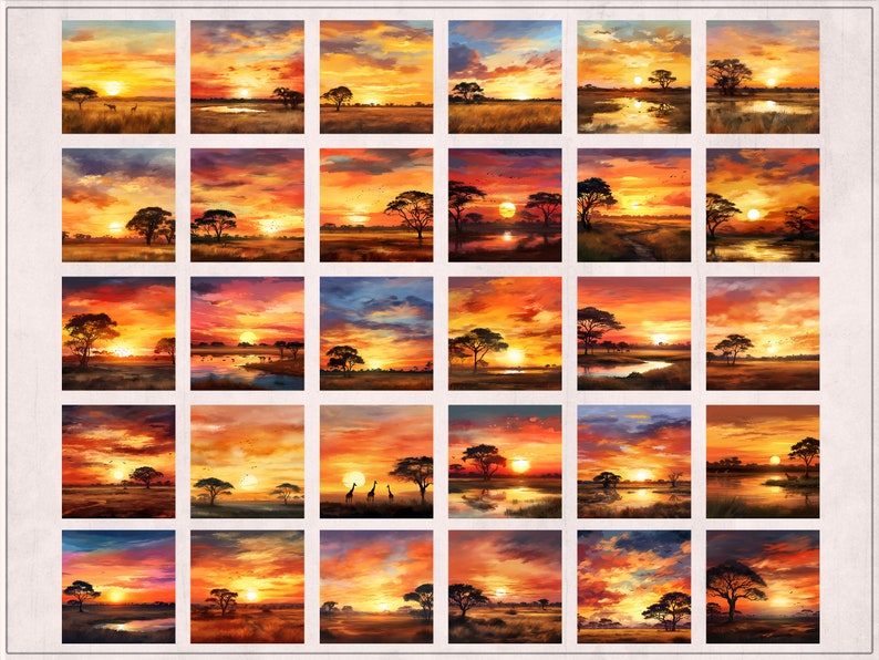 May include: A collection of 25 digital paintings depicting African savanna landscapes at sunset. Each painting features a variety of trees, grasses, and a setting sun with vibrant orange, red, and yellow hues.