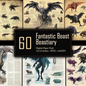 Fantastic Beasts Bestiary Pages Digital Paper Pack, Mythical Creature Designs, Enchanted Animals Book, Commercial Use, 300 DPI