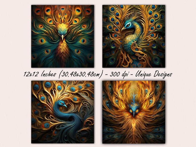 Golden Peacock Feathers Digital Paper Pack, Gilded Plume Patterns ...