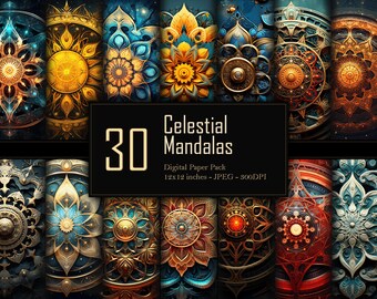 Hemelse mandala's digitaal papierpakket, sterrennachtontwerpen, maan- en zonmandala's, commercieel gebruik, hoge resolutie 300 DPI-patronen