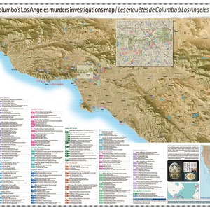 May include: A map of Los Angeles, California, showing the locations of murders investigated by Lieutenant Columbo in the TV series "Columbo". The map includes a key with episode titles and numbers, and a timeline of the show's run from 1968 to 2003.