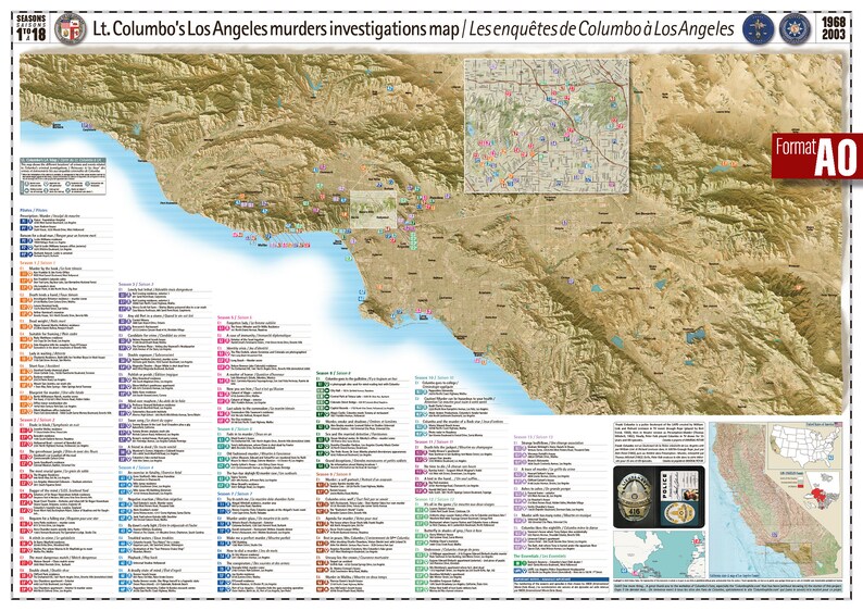 May include: A map of Los Angeles, California, showing the locations of murders investigated by Lieutenant Columbo in the TV series "Columbo". The map includes a key with episode titles and numbers, and a timeline of the show's run from 1968 to 2003.