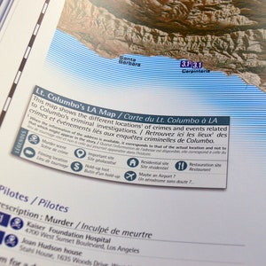 May include: A map showing the different locations of crimes and events related to the fictional detective Lt. Columbo. The map includes a legend with symbols for murder scenes, filming locations, important sites, residential sites, and restaurants. The map also includes text in both English and French.