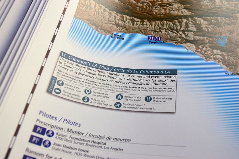 May include: A map showing the different locations of crimes and events related to the fictional detective Lt. Columbo. The map includes a legend with symbols for murder scenes, filming locations, important sites, residential sites, and restaurants. The map also includes text in both English and French.