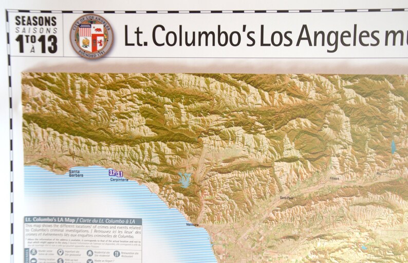 May include: A map of Los Angeles, California, with the title "Lt. Columbo's Los Angeles map." The map shows the different locations of crimes and events related to Columbo's television show. The map is in a vintage style with a yellow and brown color scheme.