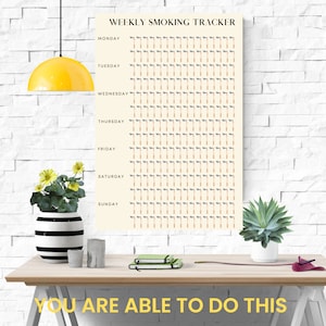 May include: A printable weekly smoking tracker chart with a yellow background and gray and orange cigarette icons. The chart is titled "Weekly Smoking Tracker" and lists the days of the week: Monday, Tuesday, Wednesday, Thursday, Friday, Saturday, and Sunday. The text "You are able to do this" is printed below the chart.