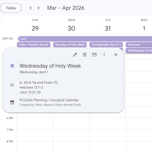 Peut inclure: Un calendrier numérique affichant mars et avril 2026. Une note contextuelle met en évidence « Mercredi de la Semaine Sainte » le 1er avril, avec des références bibliques. Le calendrier comprend également d'autres célébrations religieuses.