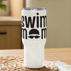 swim mom travel mug with a handle