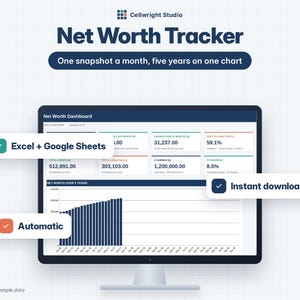 Puede incluir: Un panel digital de seguimiento del patrimonio neto en un monitor de computadora. La interfaz muestra datos financieros, incluyendo activos totales, pasivos y un gráfico de barras de cinco años. Los textos incluyen Excel + Google Sheets, Automatic y Instant download.