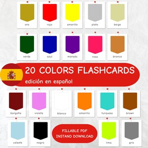 May include: A set of 20 color flashcards in Spanish. Each card features a different color with the Spanish word for the color printed below. The cards are arranged in a grid of four rows and five columns. The title "20 COLORS FLASHCARDS edición en español" is printed at the top of the grid.