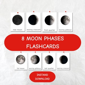 Flashcard fasi lunari, Flashcard educative, Materiali Montessori homeschool,Cicli lunari, Flashcard per bambini, flashcard stampabili