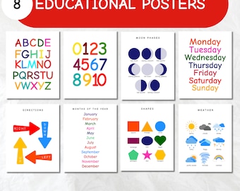 Montessori Homeschool Set: 8 Educational Posters, Toddler Playroom Decor, Rainbow Theme for Engaging Learning