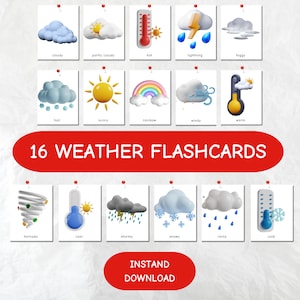 Clima, 16 cartões meteorológicos, cartões pré-escolares, cartões para impressão, cartões infantis, cartões montessori, cartões de aprendizagem